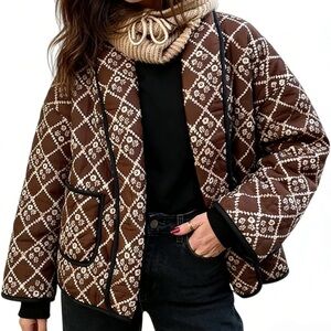 Quilted Brown Patterned Jacket with Contrast Trim